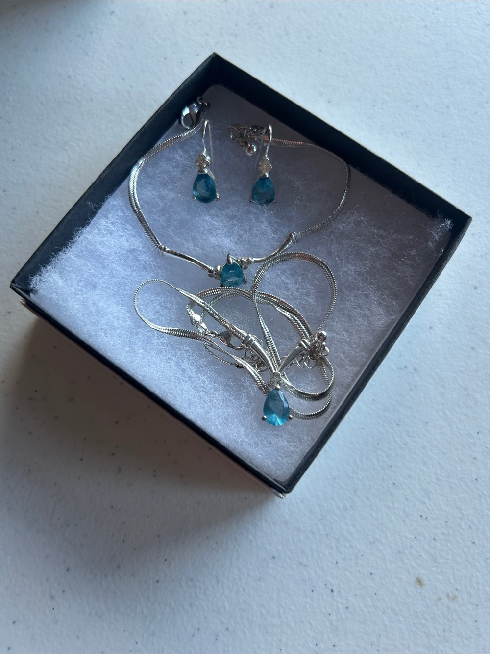 Plated Sterling Silver Blue Teardrop Necklace & Earring Set